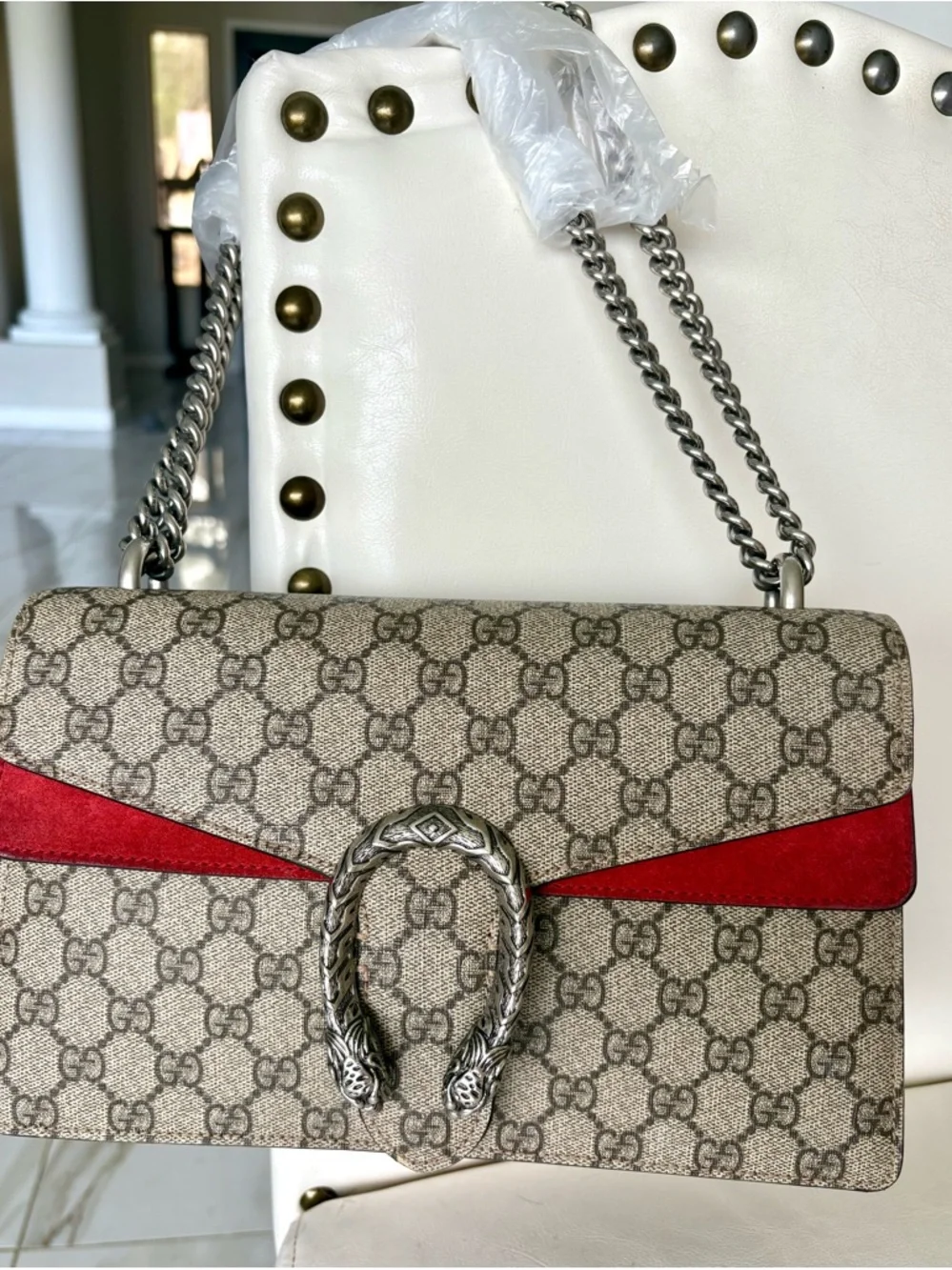 CERTIFIED GUCCI Dionysus Beige GG Supreme Canvas Shoulder Bag Red Suede Stripe !